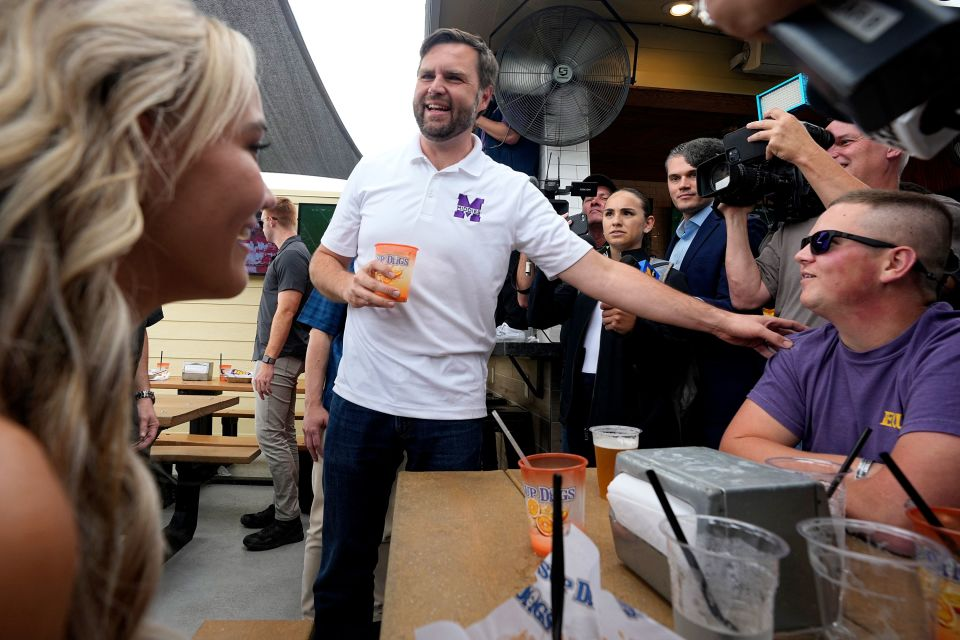 Vance swings by sports bar in Greenville, North Carolina, ahead of football game